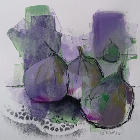 "Stillleben 2025 mit lila Feigen, Mischtechnik von Carlo Reisch"