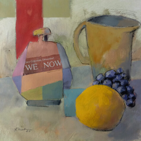 "Stillleben 2025 mit Karaffe und Zitrone, Mischtechnik von Carlo Reisch"