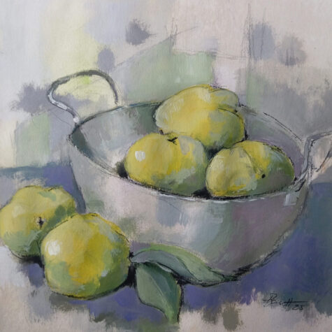 "Stillleben 2025 mit Qittten, Mischtechnik von Carlo Reisch"