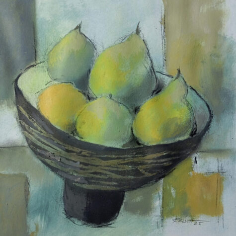 "Stillleben 2025 mit Birnen in Korbschale, Mischtechnik von Carlo Reisch"