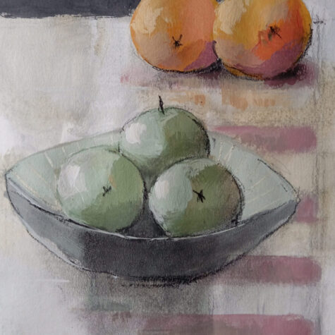 "Stillleben 2025 mit grüenen und roten Aepfeln, Mischtechnik von Carlo Reisch"