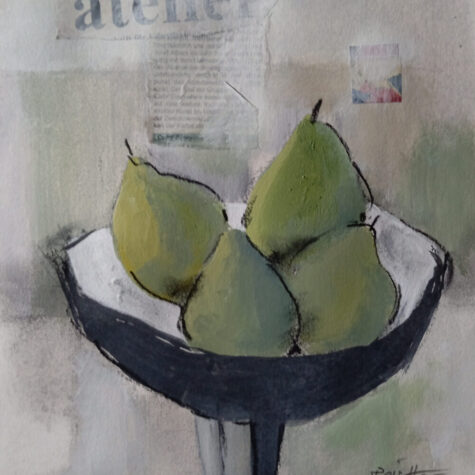 "Stillleben 2025 mit gruenen Birnen, Mischtechnik von Carlo Reisch"