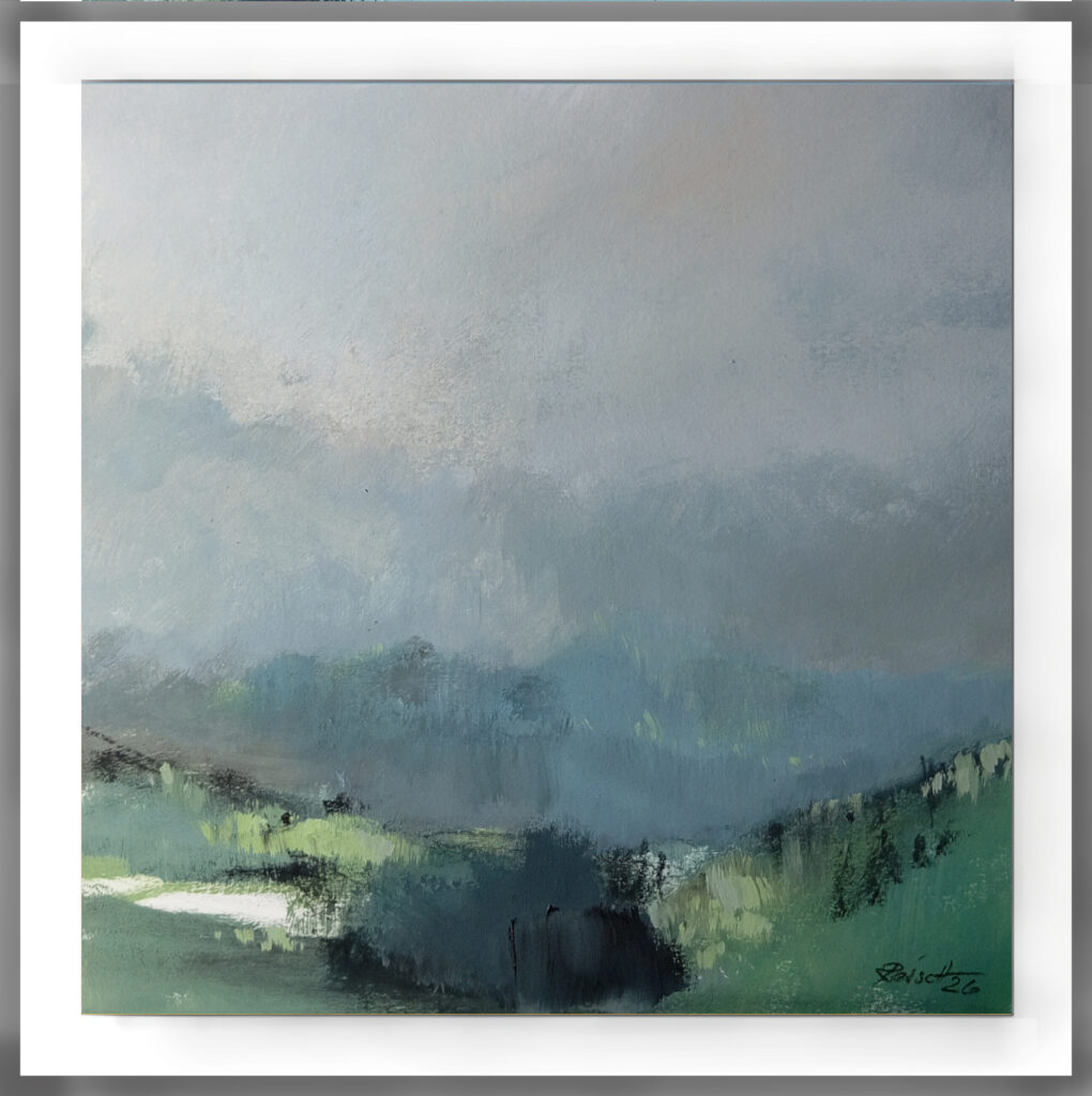 Lyrical Contemporary Abstract Painting bei Carlo Reisch/Germany Abstract Landscape 2026 (Misty Teide Mountains).
Acrylic-Pigments-Crayon on Cardboard / 40x40cm,
Carlo Reisch, Frankfurt-Germany