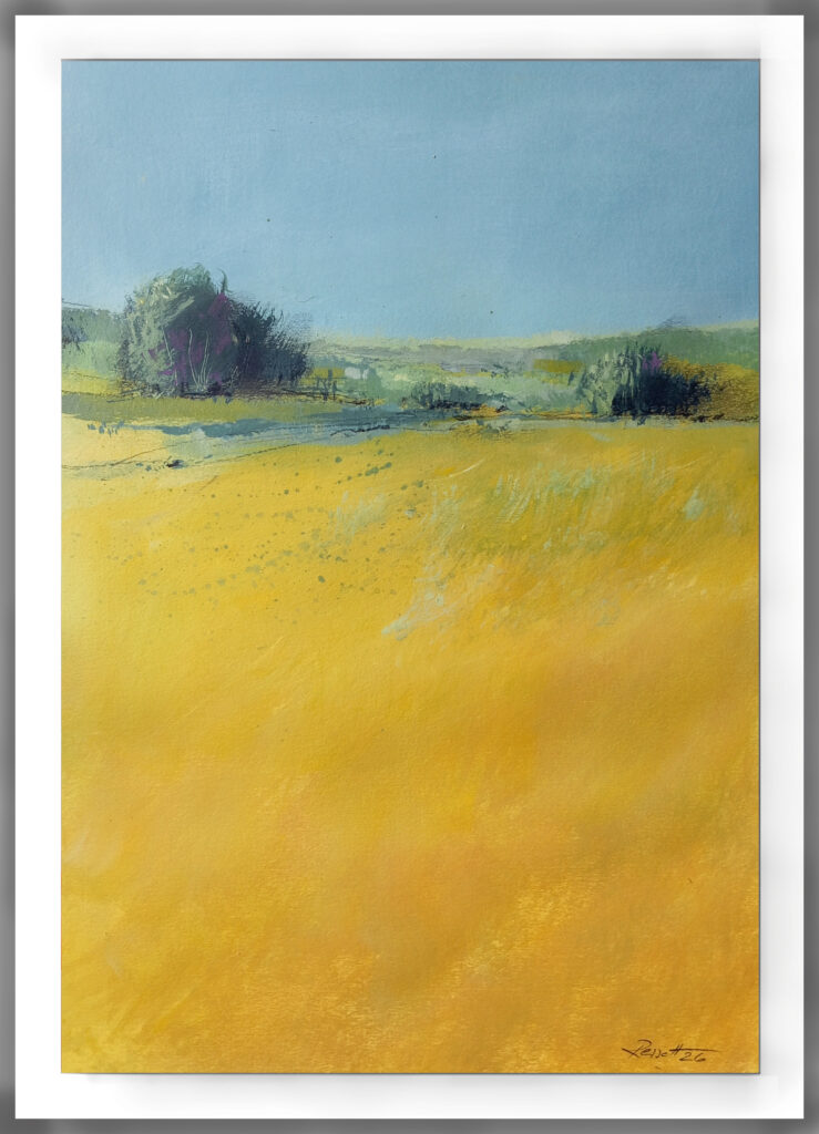 Lyrical Contemporary Abstract Painting bei Carlo Reisch/Germany Abstract Landscape 2026 (yellow Field),
Acrylic-Crayon on Cardboard / 50x35cm,
Carlo Reisch, Frankfurt-Germany