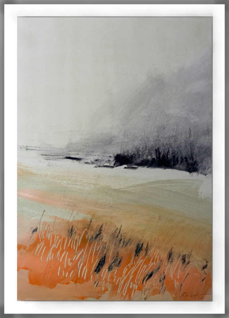 Lyrical Contemporary Abstract Painting bei Carlo Reisch/Germany Abstract Landscape 2026 (grey-orange), Acrylic-Crayon on cardboard / 50x35cm, Carlo Reisch/Frankfurt-Germany