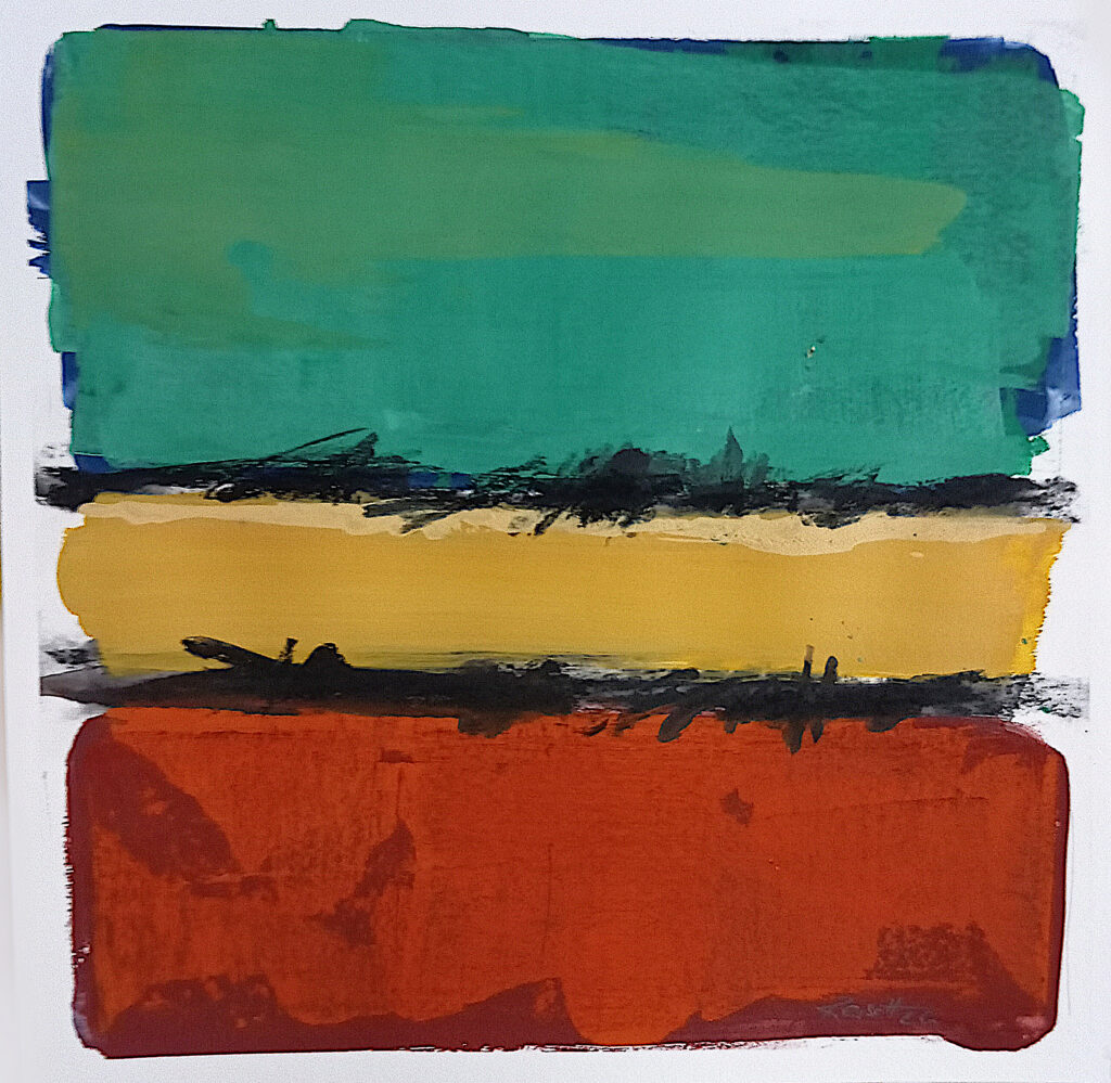 Reisch-Art: contemporary abstract painting Lyrical abstract landscape Nr. 3, size: 13,7x13,7 inches, 35x35cm/ Acrylic-Crayon on cardboard, Carlo Reisch-Frankfurt