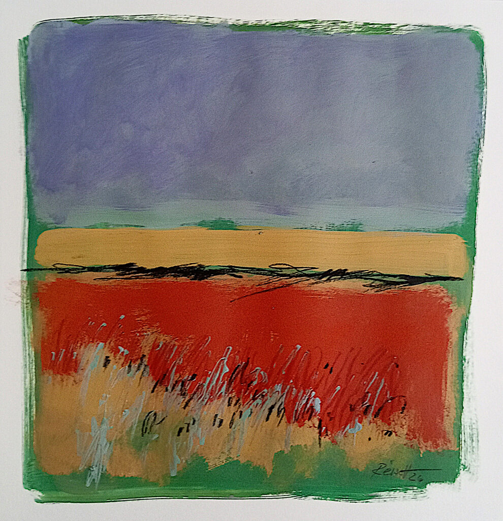 Reisch-Art: contemporary abstract painting Lyrical abstract landscape Nr. 4, size: 13,7x13,7 inches, 35x35cm/ Acrylic-Crayon on cardboard, Carlo Reisch-Frankfurt