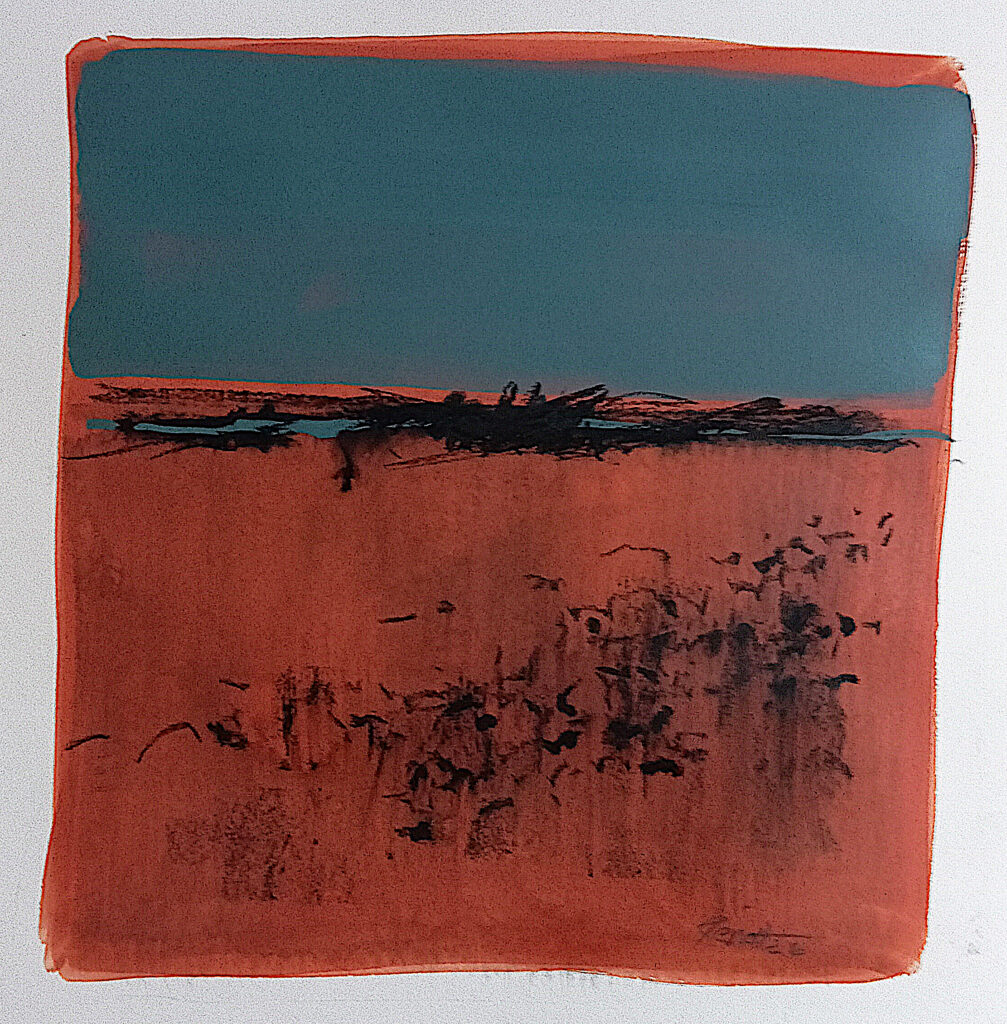 Reisch-Art: contemporary abstract painting Lyrical abstract landscape Nr. 5, size: 13,7x13,7 inches, 35x35cm/ Acrylic-Crayon on cardboard, Carlo Reisch-Frankfurt