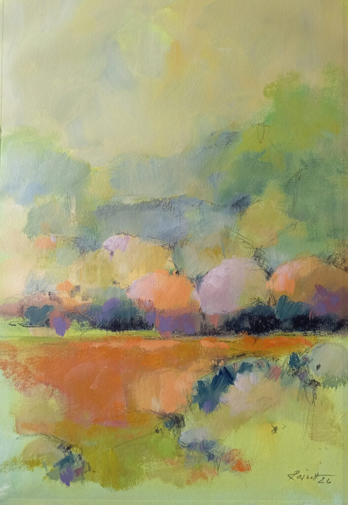 Am Waldrand 2026, Acryl-Pigmente auf Karton, 50x35cm, Carlo Reisch-Frankfurt