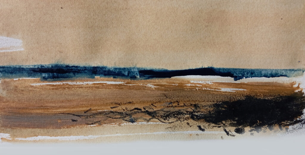 „farmland on the blue horizon“
Small Abstract Landscape
by Carlo Reisch, painter in Frankfurt am Main.
Acrylic pigments and charcoal on paper approx. 28 × 14 cm