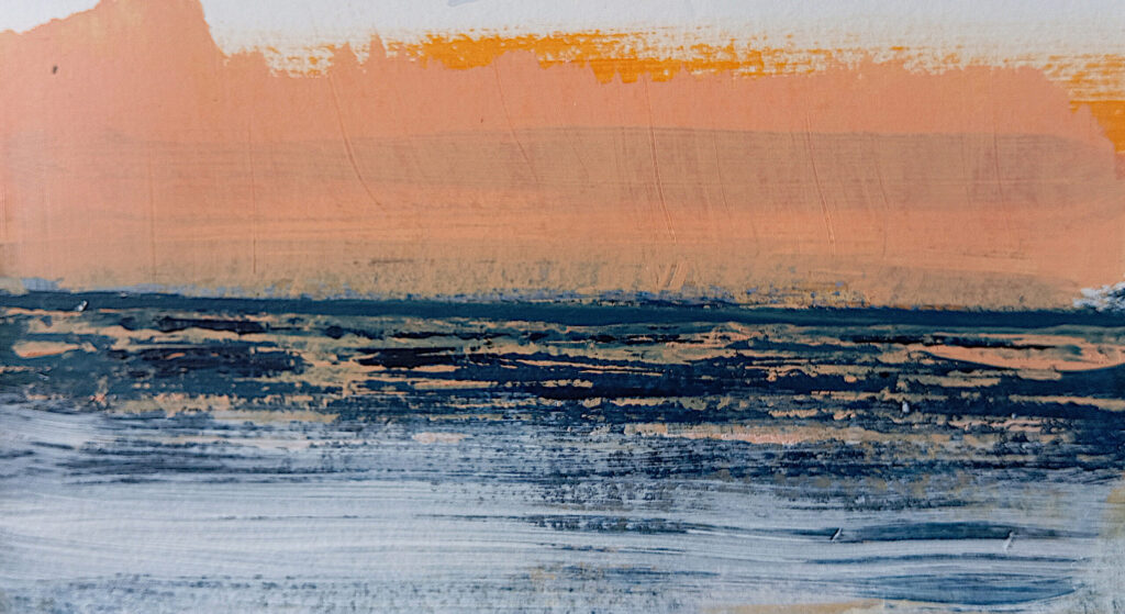 "Sunrise I", Small Abstract Seascape
by Carlo Reisch, painter in Frankfurt am Main.
Acrylic pigments and charcoal on paper approx. 28 × 14 cm