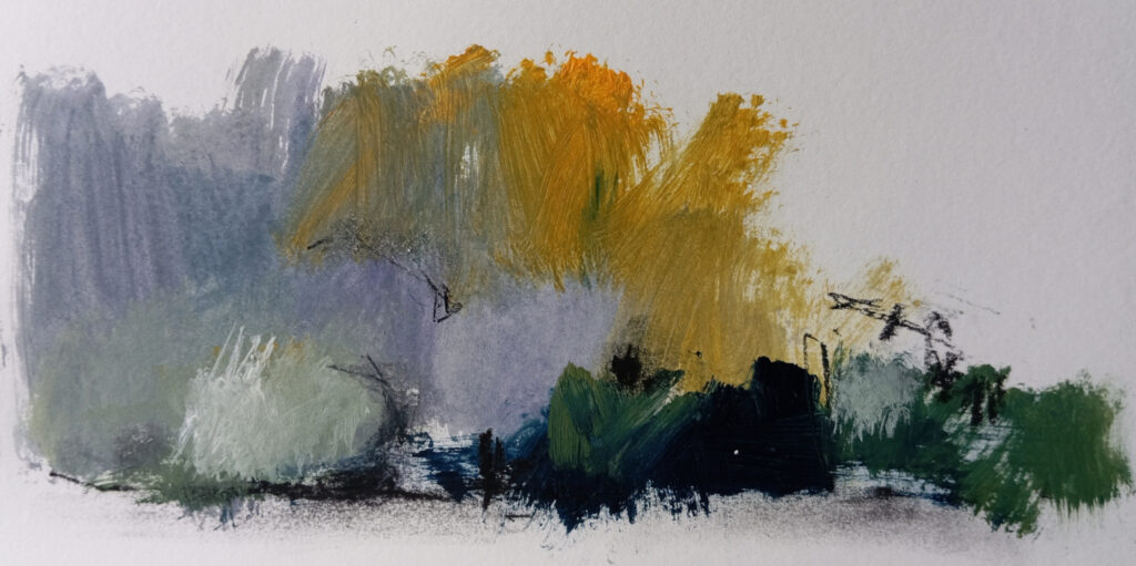 "Autumn Landscape", Small Abstract Landscape
by Carlo Reisch, painter in Frankfurt am Main.
Acrylic pigments and charcoal on paper approx. 28 × 14 cm