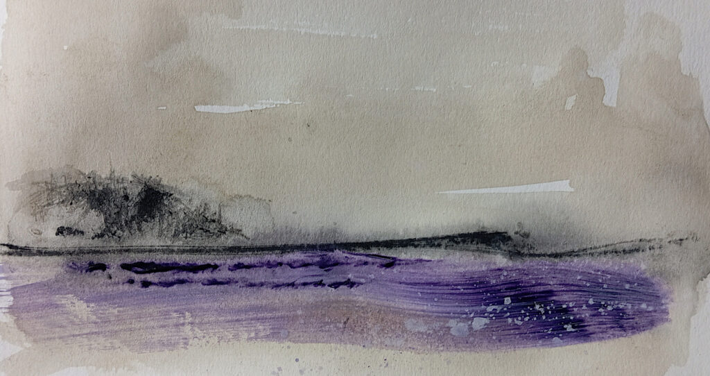 "Violet Field", Small Abstract Landscape
by Carlo Reisch, painter in Frankfurt am Main.
Acrylic pigments and charcoal on paper approx. 28 × 14 cm