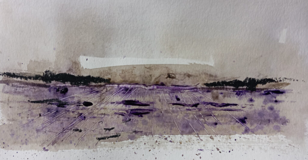 „lavender field(s) in Provence“
Small Abstract Landscape
by Carlo Reisch, painter in Frankfurt am Main.
Acrylic pigments and charcoal on paper approx. 28 × 14 cm